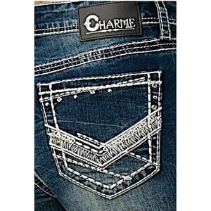 Charme by Grace in LA Women's Heavy Stitch Embroidered Bootcut Stretch Jeans